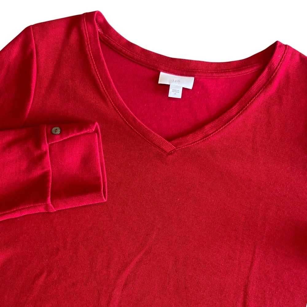J. Jill Medium Red Knit V-Neck Tunic Top Long Sleeve Double Pockets Lightweight